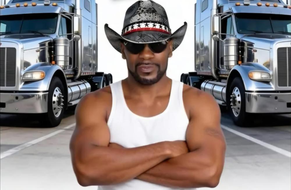 Russell Leon Miller in a cowboy hat and sunglasses, arms crossed, standing between two chrome semi trucks